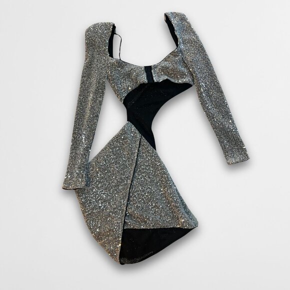 Michael Costello X Revolve Vula Mini Dress Silver Sequins Long Sleeve Cutout Bod - Picture 3 of 5